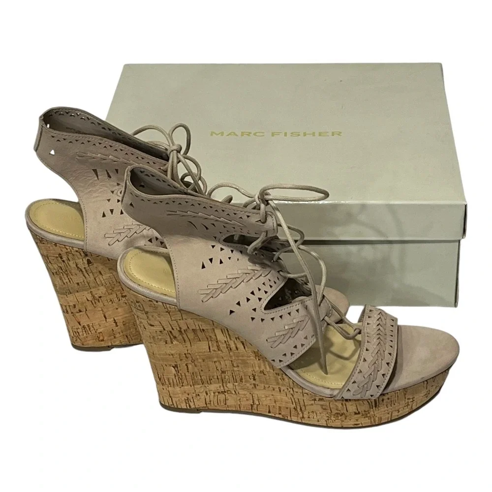 Marc Fisher Hosana Taupe Nubuck‎ Leather Lace Up Cork Wedge Sandals Womens 11M